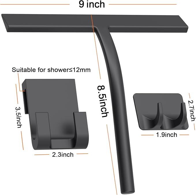Silicone Shower Squeegee, Black, 9 inch | All-Purpose, For Shower Glass Door Window Mirror Tile Car Walls, 2 Hooks Included, Bathroom Accessories