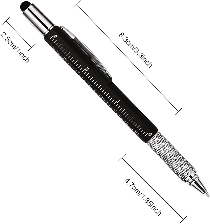 Zhanmai 8 Pcs 6 in 1 Multitool Pen Bulk Gift for Men Multi Tool Ballpoint Pen with Ruler Level Screwdriver Stylus Cool 20 Ink Refill Tool Gadget Birthday Christmas Stocking Stuffers for Adult (Black)