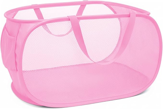 Pop Up Laundry Hamper,Collapsible Horizontal Baskets with Handles & Side Pocket,Foldable Sturdy mesh for Laundry Room,Bathroom,Kids Room,College Dorm or Travel (Pink)