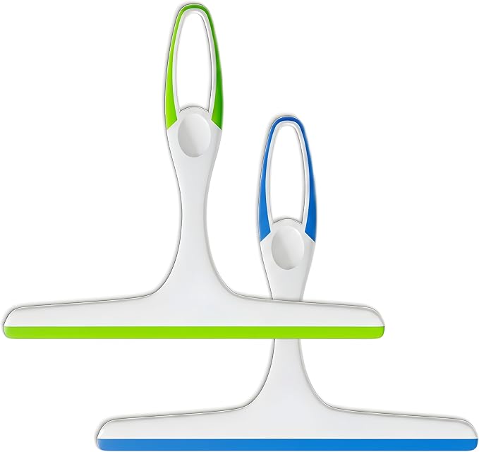2 Pack Shower Squeegee for Glass Doors – 9.5” Silicone Blade Window Cleaner Tool (Blue & Green) – Bathroom, Car Windshield, Mirror & Tile Cleaning Wiper with Hook – Lightweight Ergonomic Handle