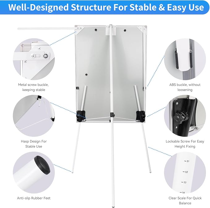 Easel Whiteboard 40x28 Inch, Portable Magnetic Dry Erase Height Adjustable Tripod Stand with 2 Extendable Side Arms for Flipchart, Home Office School Use, White