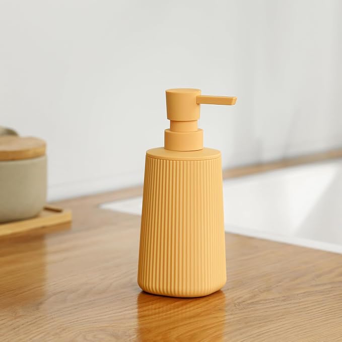 YAUKPH Small Soap Dispenser for Bathroom and Kitchen Matte Yellow | Modern Farmhouse Striped Style Plastic Hand Soap Dish Soap Dispenser with Pump