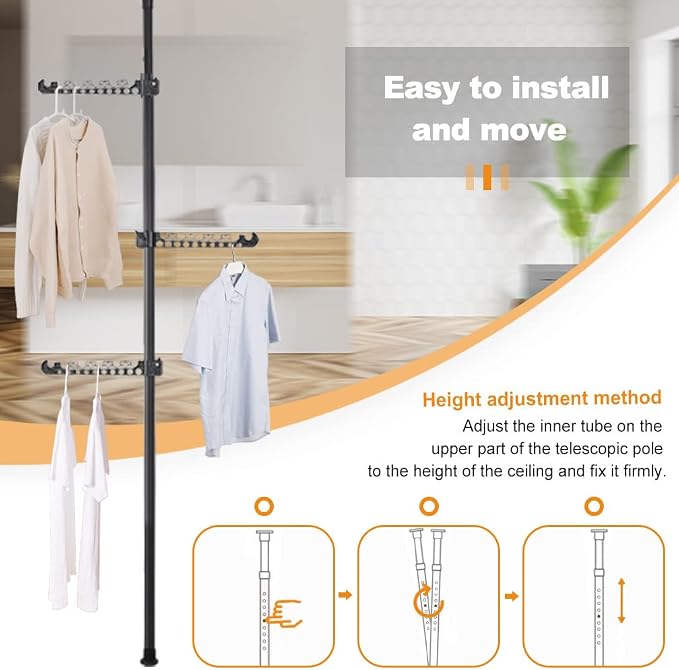 Hershii Garment Clothes Rack Coat Tree Clothing Drying Hanging Holder Organizer Standing Adjustable Laundry Pole Tension Rod Floor to Ceiling Indoor Corner Storage Shelf 6 Tiers - Black