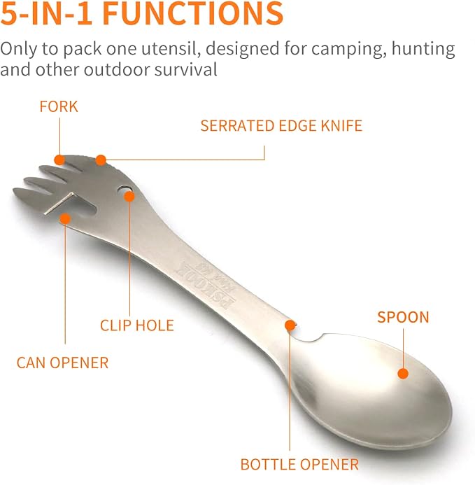 5-in-1 Utility Tactical Spork, Stainless Steel Spoon & Bottle Opener, Fork & Knife, Can Opener Combo Camping Utensil for Hiking, Camping or Backpacking (Matte Silver)