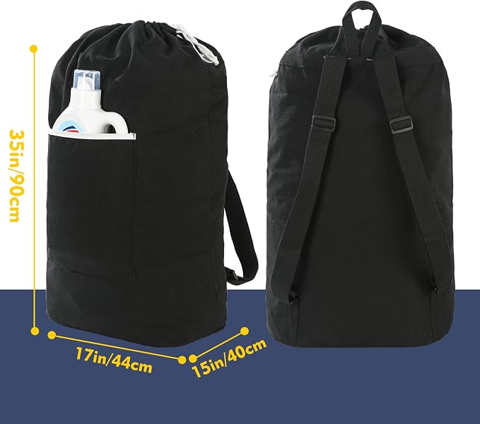 Canvas Laundry Bag, Laundry Backpack, BLACK, XX-Large | Washable Laundry Collector,Thick Woven Adjustable Shoulder Straps,Large Front Pocket,Drawstring Closure,for College,Camping