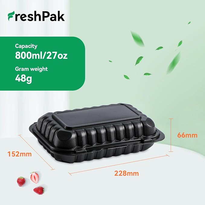 50-Pack 9x6 27oz Meal Prep Containers - Shrink Wrap Ready To Use | Rectangular Clamshell To-Go Boxes | BPA-Free & Stackable | Microwave & Dishwasher Safe for Leftovers, Lunch & Catering