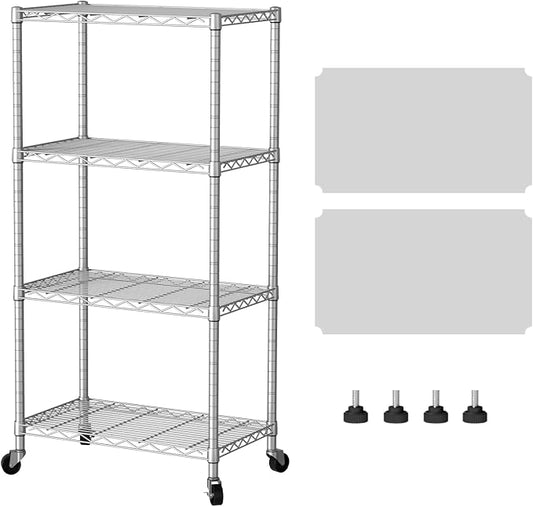 SINGAYE 4 Shelves Storage Wire Shelf Closet Metal Shelving Pantry Wheels | Shelf Bathroom Organizers Metal Kitchen Garage Shelving Unit Laundry Room Organization Home Rack Net Basket with Wheels