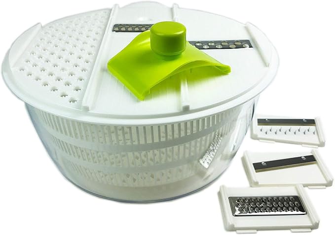 Huji Multifunctional Large Salad Spinner (4 Quarts) and Mandoline Set – 5 Blade Slicer, Drainer, Tosser, Vegetable Dryer with a Pouring Spout