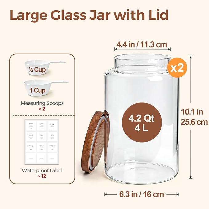 ComSaf 2Pcs (4.2Qt/1Gal) Wide-Mouth Flour Sugar Storage Containers - Include Scoops & Labels, Easy to Scoop & Airtight, Large Glass Jar for Bakers to Store Flour, Rice, and Dry Goods in Kitchen Pantry