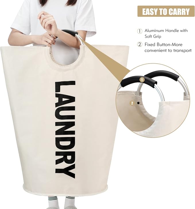 Maxsilan 125L X-Large Laundry Basket Bag, Collapsible Tall Hamper, Beige | Freestanding tall laundry bag & foldable washing basket. Extra large clothes storage bin with durable sturdy handles