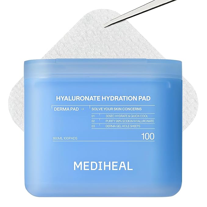 MEDIHEAL Hyaluronate Hydration Toner Pads for Hydration (100 Count) | with 9 Types Hyaluronic Acid | Moisturization, Plumping, Moisture Barrier | Plastic-Free Vegan Pads | Korean Derma Toner Pads
