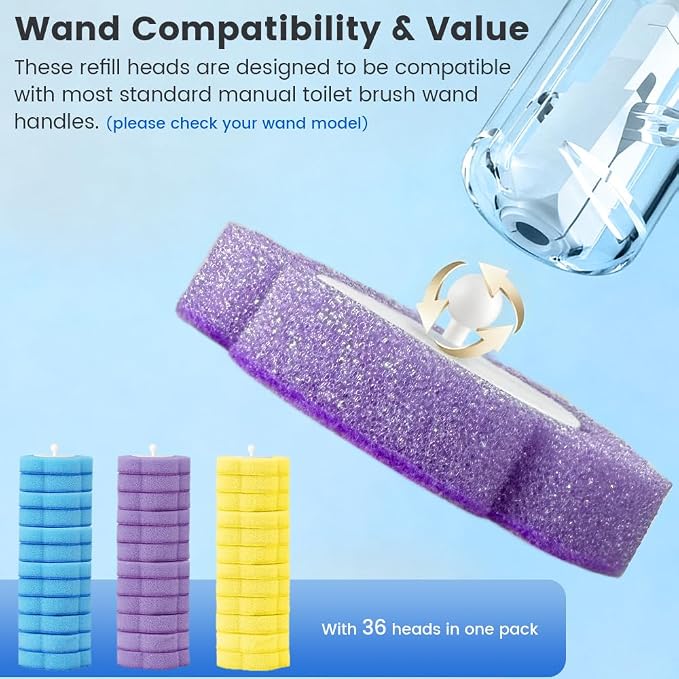 36 Count Disposable Toilet Brush Heads, Automatic Release Refills (12 Ocean, 12 Lemon, 12 Lavender Scents)
