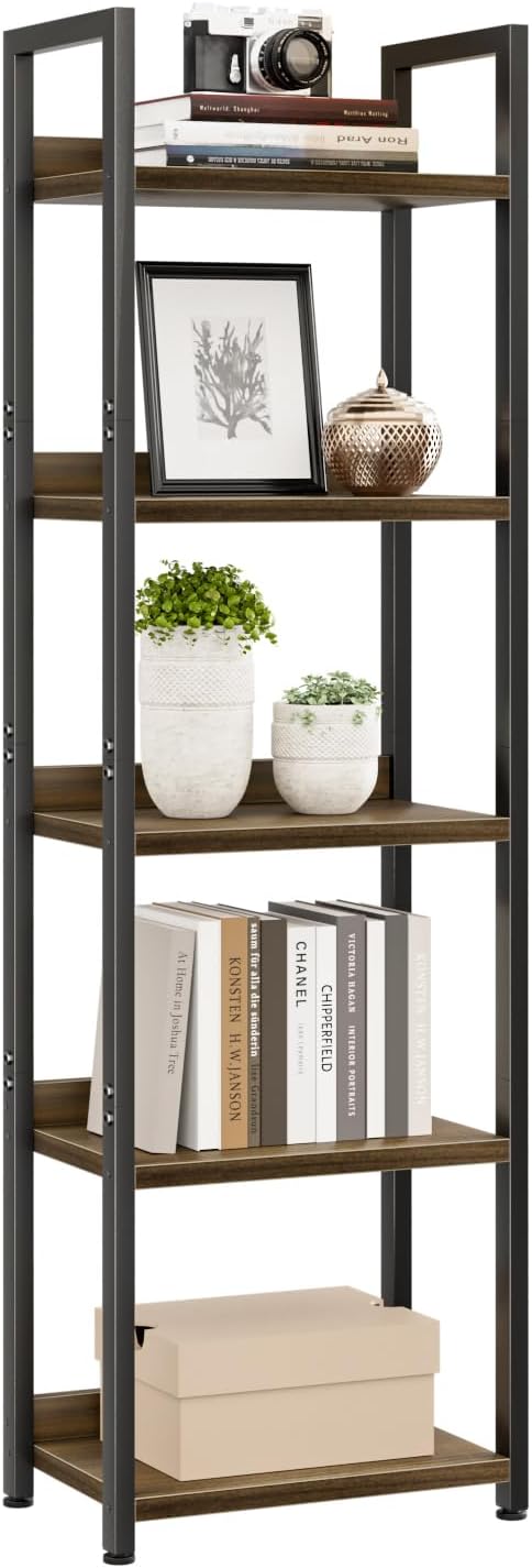 NUMENN Narrow Bookshelf, 5 Tier Freestanding Shelving Unit, Dark Walnut | Metal Frame & Wood Shelves, Falling Prevention Baffle, Open Storage Bookcase for Bedroom, Living Room & Home Office
