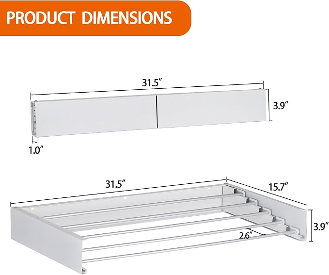 FOCHIER F Laundry Drying Rack Wall Mounted Clothes Drying Rack Collapsible with 5 Aluminum Rods and Drilling Template Long Screwdriver Bit 60 lbs Capacity (White, 31.5")