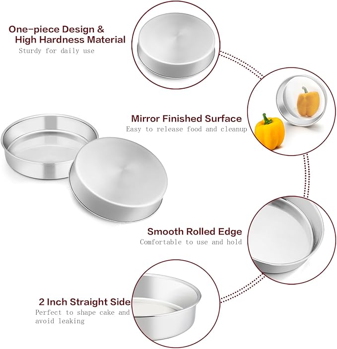 TeamFar 6 Inch Cake Pan, Round Smash Cake Pan Tier Baking Pans Set Stainless Steel, Fit in Pot Pressure Cooker Air Fryer, Healthy & Non-Toxic, Mirror Finish & Sturdy, Oven & Dishwasher Safe - Set of 3