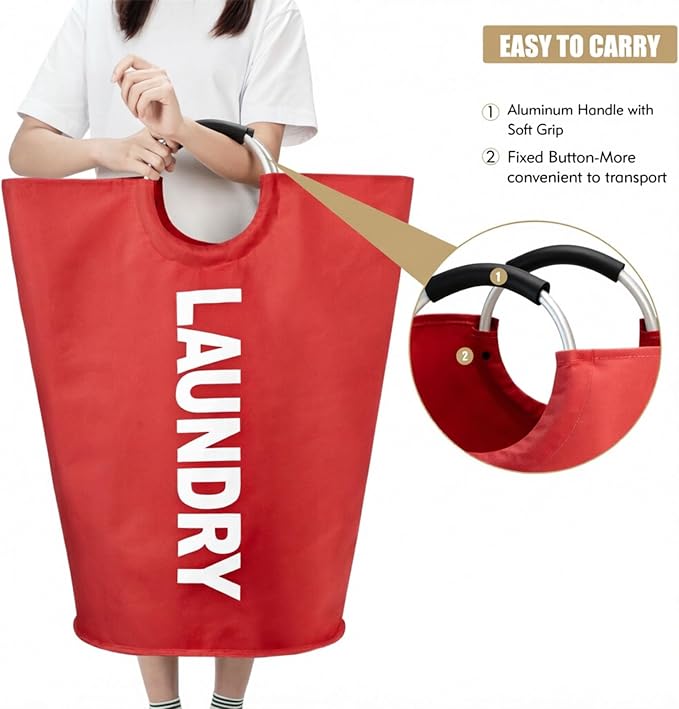 Maxsilan 90L Large Laundry Basket Bag, Collapsible Tall Hamper, Red | Freestanding tall laundry bag & foldable washing basket. Extra large clothes storage bin with durable sturdy handles