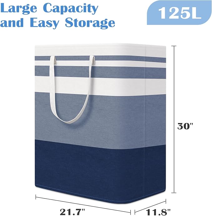 BlissTotes 3-Pack Laundry Basket, Collapsible Laundry Hamper, Blue, 125L | Laundry Clothes Hamper, Hampers for Bedroom, Freestanding Hamper with Handles, Clothes Laundry Basket