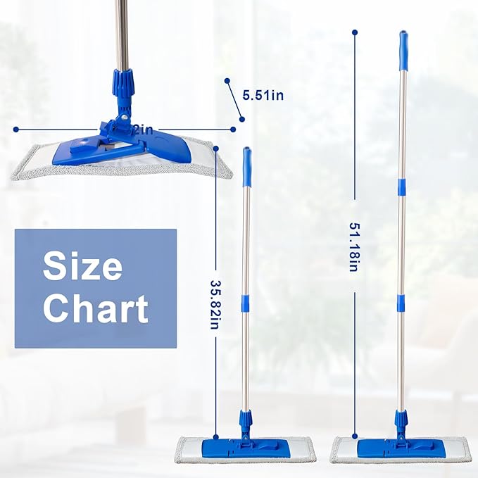 Multi Functional Mop, Including 1 Reusable Ultra-Fine Fiber Cleaning Pad and a Detachable Three Section Handle, 35.82"-51.18", Suitable for Cleaning Hardwood Floors, Marble and Tile Floors（Blue）
