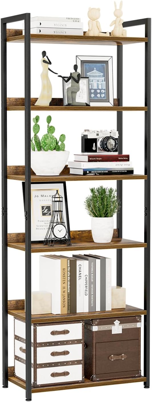 NUMENN Bookshelf, 6 Tier Freestanding Shelving Unit, Vintage | Metal Frame & Wood Shelves, Falling Prevention Baffle, Open Storage Bookcase for Bedroom, Living Room & Home Office