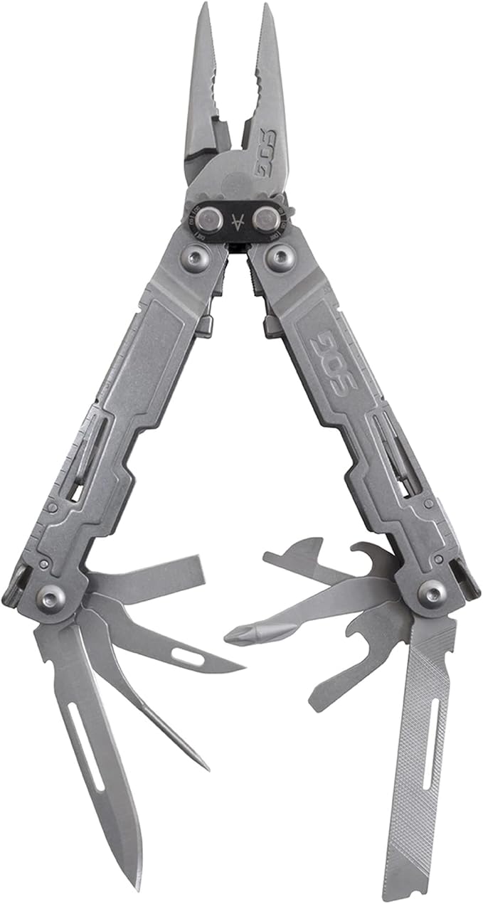 SOG PowerAccess Stainless Steel Multi-Tool Well-Rounded One-Handed Lightweight Daily Pocketable for Backcountry 18 Tools, Stone Wash | 18 Tools, Compound Leverage Pliers, Magnetic 1/4 Hex Driver, 5.9 Open, 4.1 Closed
