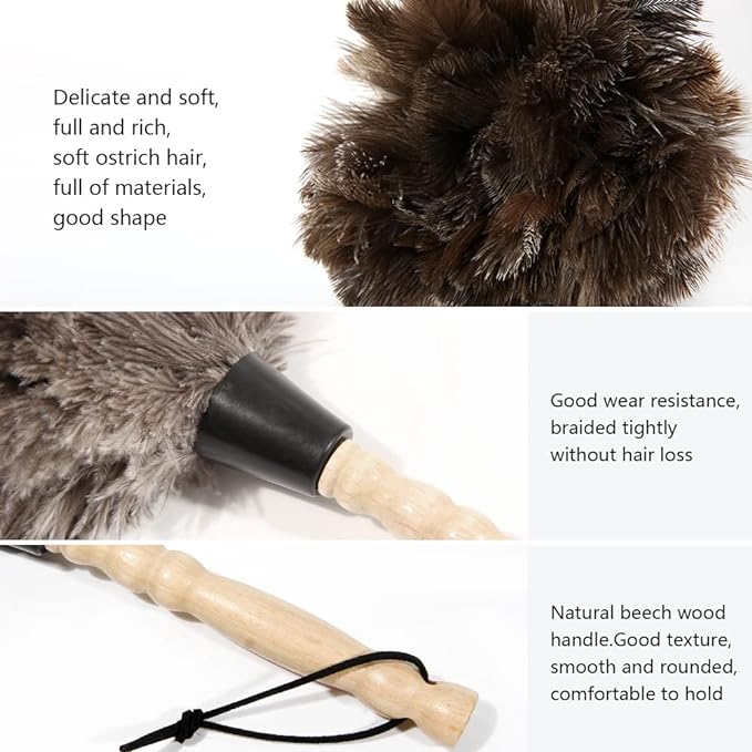 Ostrich Feather Duster 14 inch Feather Duster Fluffy Natural Genuine Ostrich Feathers with Wooden Handle and Eco-Friendly Reusable Handheld Ostrich Feather Duster for Cleaning Supplies