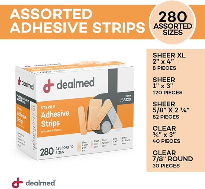 Dealmed Adhesive Bandages Variety Pack - Sterile - 560 Count (2 Pack) | Polyester Fabric, Non Stick Pad, Individually Wrapped, Flexible Strips, For Minor Cuts Scrapes, Skin Application