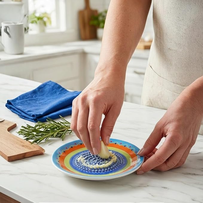Handcrafted Ceramic Garlic Grater Plate 4-Pc Set, 4.72" Handmade Porcelain Grinding Dish with Wooden Boar Bristle Brush & Textured Silicone Peeler, Multicolor Spanish Wave