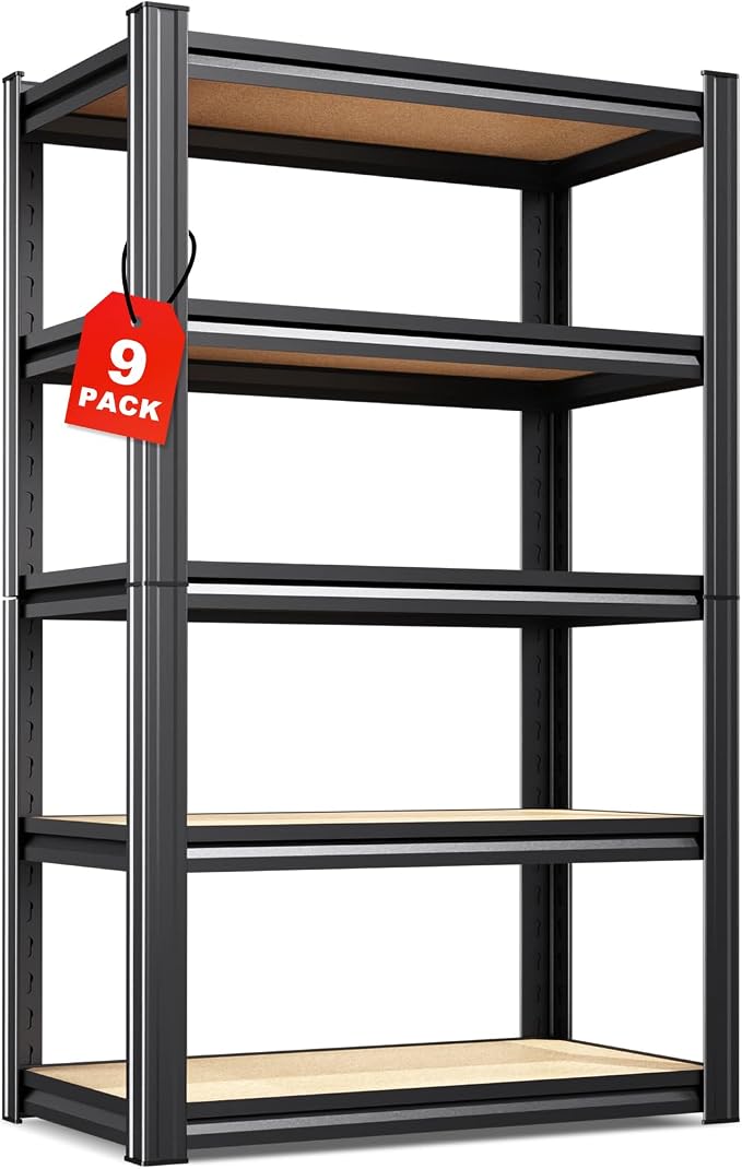 9-Pack Heavy Duty Metal Shelving Units, 71" H x 28" W x 12" D, 5-Tier Adjustable Steel Storage Racks for Garage, Warehouse, Industrial, and Home Organization, 1900 lbs Capacity