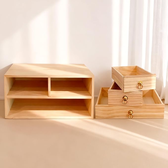 2 Layer Desk Organizer Natural Wooden Storage Box Counter Drawer | Office Desk Organizer Wood Desktop Organizer with Metal Handle 3 Drawer for Desk Accessories Home Office Counter Craft Decor