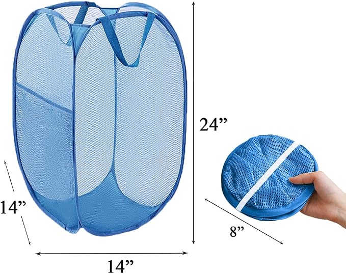 Mesh Pop Up Laundry Hamper, Collapsible Laundry Baskets, Foldable Dirty Clothes Hampers for Bathroom, College Dorm, Travel (Ash Blue)
