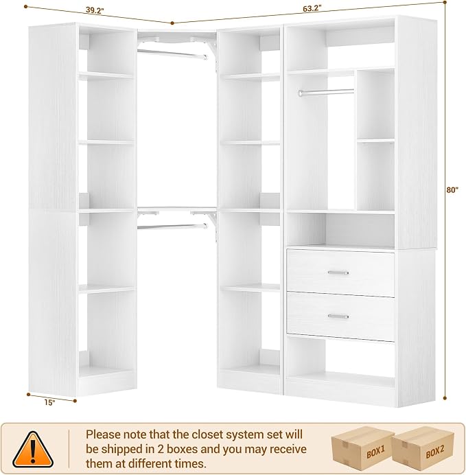 Besiost Corner Closet System with 2 Sets, 63.2" Corner Closet Organizer System with 2 Drawers + 18 Shelves + 3 Hanging Rods, Reversible L Shaped Walk-in Closets, White (63.2" L x 39.2" W x 80" H)
