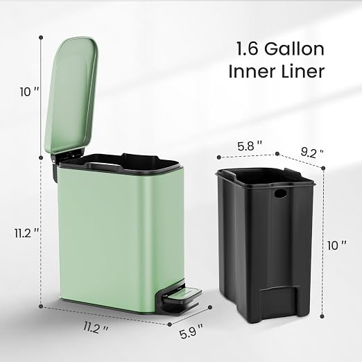 Cesun Small Bathroom Trash Can with Lid Soft Close, Step Pedal, 6 Liter / 1.6 Gallon Stainless Steel Garbage Can with Removable Inner Bucket, Anti-Fingerprint Finish (Sage Green)