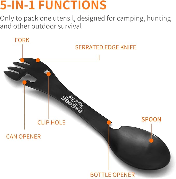 5-in-1 Utility Tactical Spork, 2-Pack Stainless Steel Spoon & Bottle Opener, Fork & Knife, Can Opener Combo Camping Utensil for Hiking, Camping or Backpacking (Black & Matte Silver)