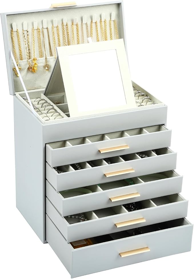 BOOVO Jewelry Boxes for Women, White and Black 6 Layer Large Jewelry Box for Necklace, Bracelet, Earrings, Rings Storage, Jewelry holder Organizer for Girls Gift (Grey and Gold, 6 layer)