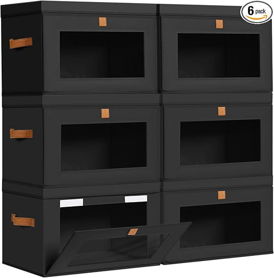 DIMJ Storage Bins with Lids - 6 Pack Large Fabric Closet Organizer with Window & Handles, Collapsible Decorative Storage Boxes for Shelves Under Bed, Books Clothes Blankets Sweaters Organization