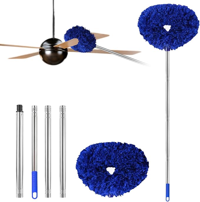 Ceiling Fan Cleaner Duster Reusable Microfiber Ceiling Fan Blade Cleaner Removable Duster with Extension Pole Adjusts 13 to 49.7 Inch for Cleaning Walls Furniture Door Window Top (Dark Blue)
