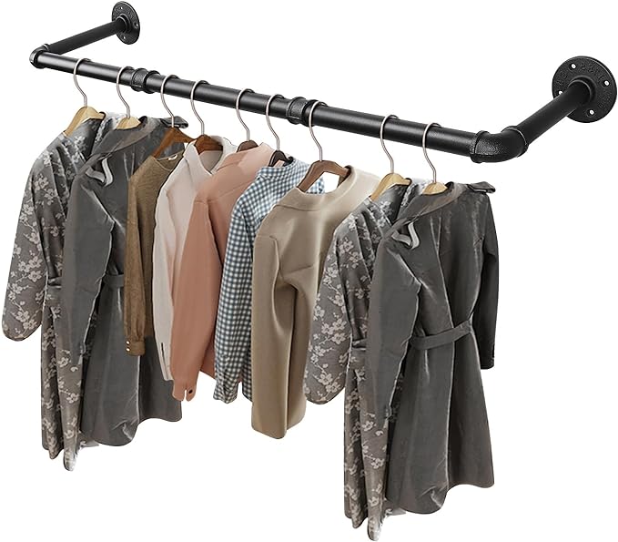 Livabber Industrial Pipe Clothes Rack, Heavy Duty Detachable Iron Garment Rack Wall Mounted, Rustic Saving Space Clothes Bar Multi-Purpose Hanging Rod for Bedroom, Closet, Black (36 Inch)