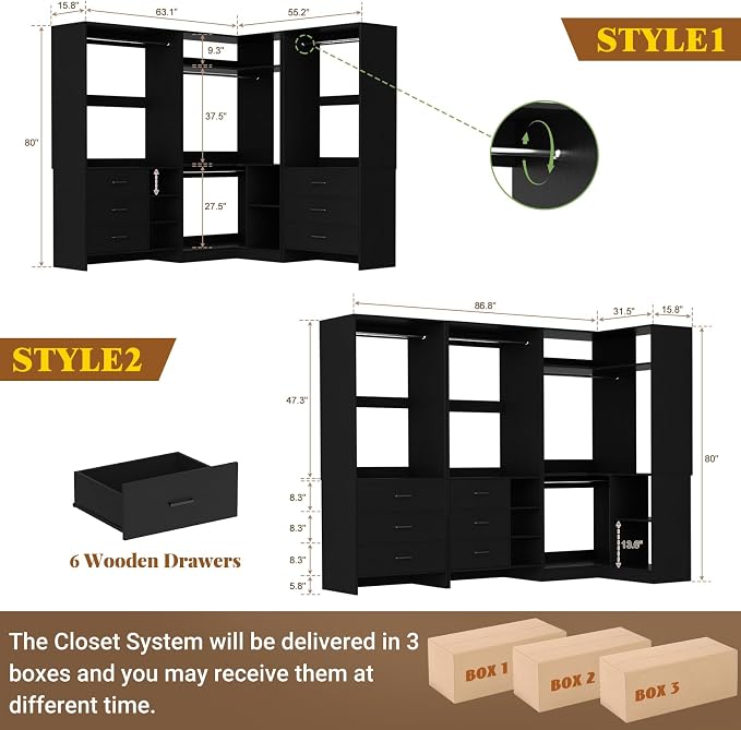 Aheaplus Closet System with 6 Drawers, 4 Hanging Rods & Corner Tower, Corner Closet System with Hanging, 86.8" L-Shaped Walk-In Wardrobe Organizer, 2000+ lbs Capacity, Set of 3, Black