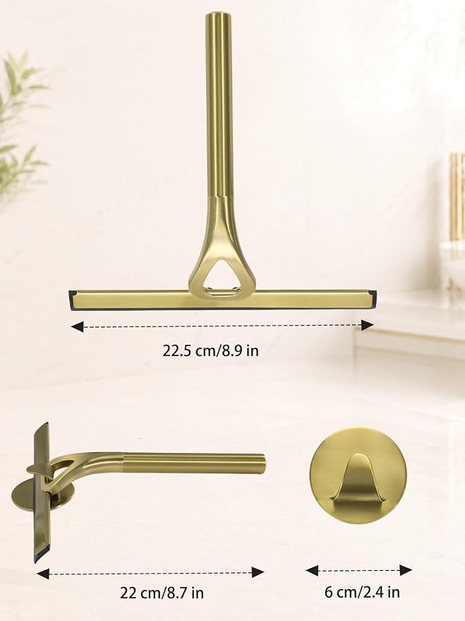 Gold Squeegee for Shower Glass 8.9x8.7in Brushed Stainless Steel | Shower Squeegee for Glass Doors,Leaves No Streaks, Rust-Resistant, Multi-surface Cleaning, Non-slip Handle, Comes with a Hook