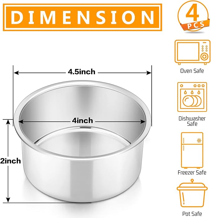 P&P CHEF 4 Inch Cake Pan Set of 4, Stainless Steel Baking Round Cake Pans Tins Bakeware for Birthday Wedding, Leak-proof & Easy Clean, Mirror Finish & Easy Releasing