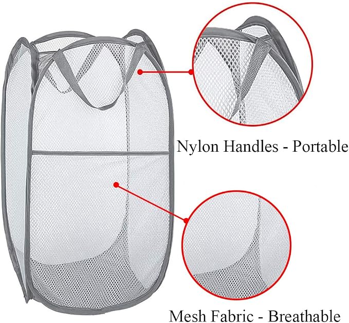 Larpur Pack of 3 Pop up Laundry Hampers, Collapsible Laundry Baskets, Gray | Portable Mesh Clothes Hampers for Home Room, College Dorm, Apartment, Foldable Hamper with Carry Handles