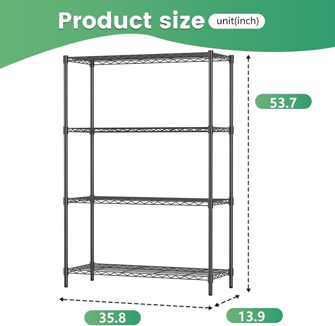 36" L×14" W×54" H Commercial Wire Shelving Unit Metal Shelf with 4 Tier Adjustable Layer Rack Strong Steel for Restaurant Garage Pantry Kitchen Garage，Black