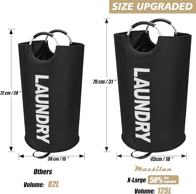 Maxsilan 125L X-Large Laundry Basket Bag, Collapsible Tall Hamper, Black | Freestanding tall laundry bag & foldable washing basket. Extra large clothes storage bin with durable sturdy handles