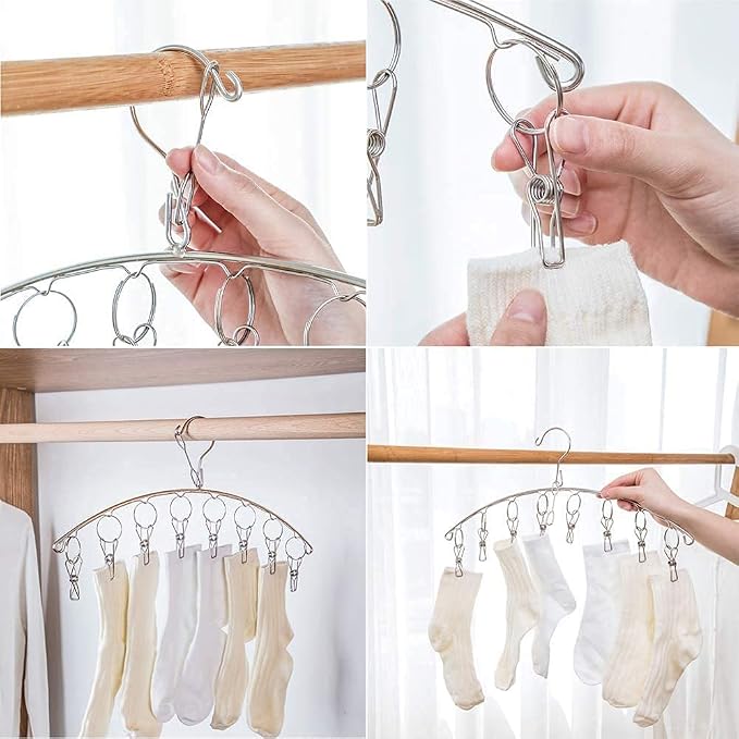 6 Pack Laundry Drying Hanger Rack, Stainless Steel Sock Underwear Peg Hanger with 10 Pegs Windproof Hokk
