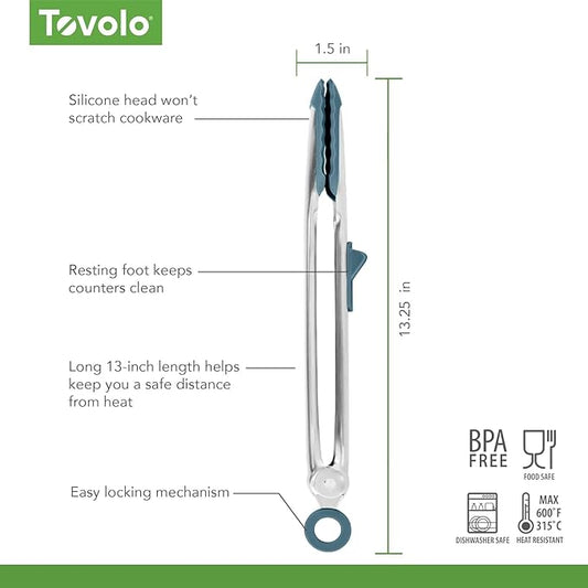 Tovolo Tongs With Silicone Tips Easy Grip 13" Long Kitchen Tongs Stainless Steel Handle For Cooking, Non Scratch Heat Resistant Locking Tongs Silicone Tipped Dishwasher Safe BPA Free, Blue Slate