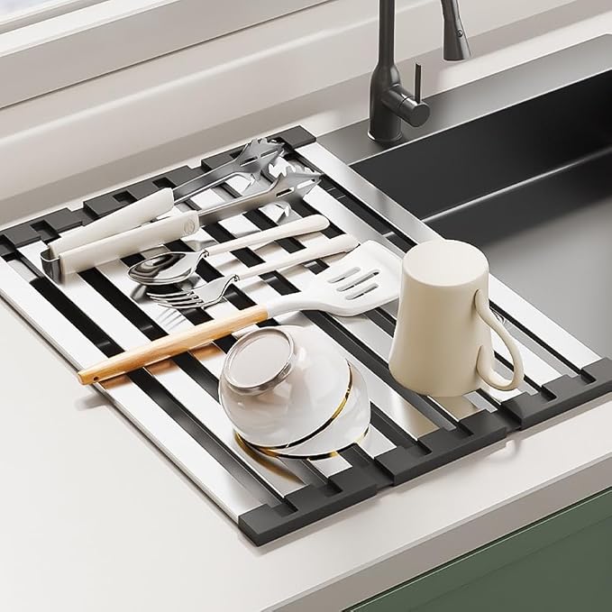 Stainless Steel Roll Up Dish Drying Rack, Over Sink Foldable Kitchen Mat, 45cm x 32.5cm Rollable Sink Drainer, Space-Saving Design (17.72" H x 12.8" W)