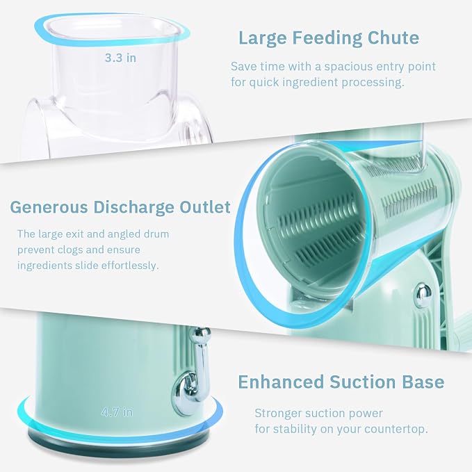 ENERGEVITY Manual Rotary Cheese Grater with Handle, 5 in 1 Replaceable Stainless Blades Cheese Shredder,Strong Suction Base Vegetable Slicer with Cleaning Brush & Bonus Storage Box for Blades (green)