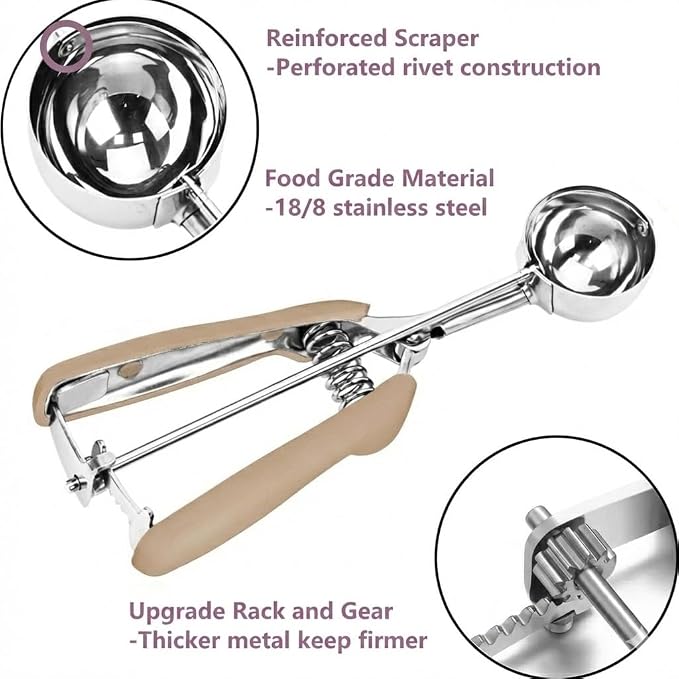 Ice Cream Scoop, 18/8 Stainless Steel Cookie Scoop, 5.3Tbsp/80ml/2.7oz Cookie Dough Scoop, Ice Cream Scooper with Trigger Release, Large Cookie Scooper (#12 Brown)