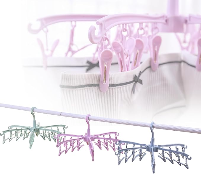 Clothes Drying Hanger with 24 Clips, Foldable Hanging Rack 2 Pack | for Drying Socks Lingerie Baby Clothes Drying Towels Rotatable Sock Drying Rack with 24 Pegs Clips(green)