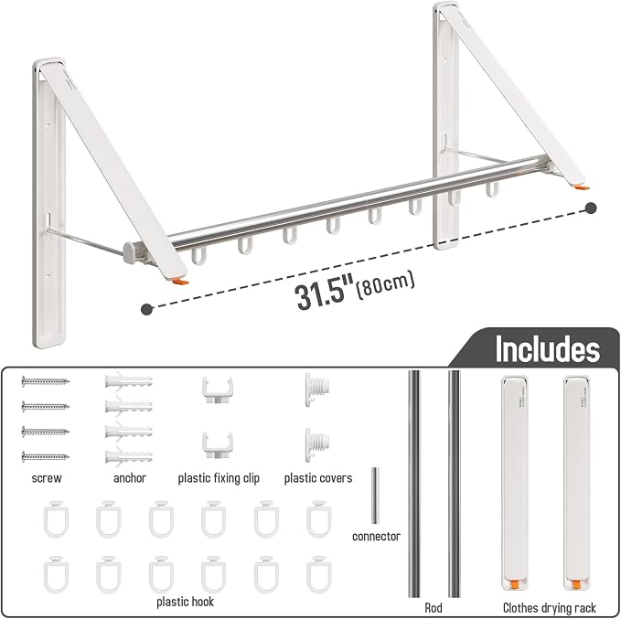 Folding Clothes Hanger Rack Wall mounted for Laundry Clothes Drying Rack | Foldable Hanger Rack Laundry Hanger Dryer Rack, Easy to Install, Closet Storage Organization, Space Saving White, 2 pcs &1Rod